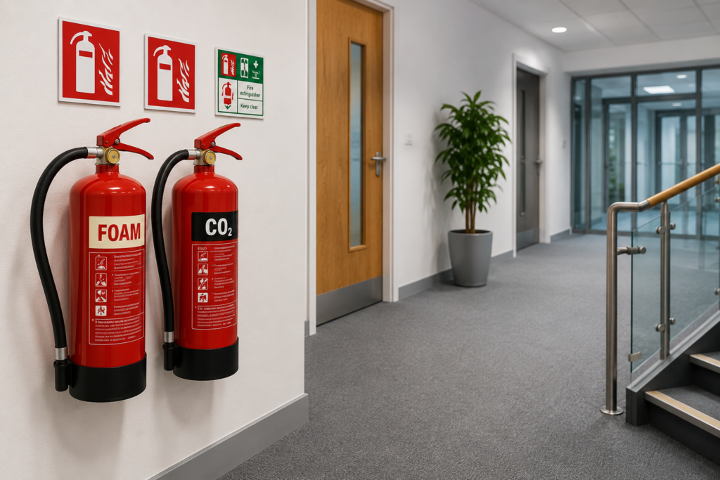 Fire extinguishers installed in a commercial building in Ireland