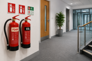 Fire extinguishers installed in a commercial building in Ireland