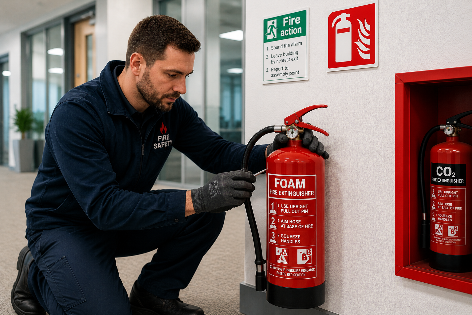 Fire safety technician servicing a fire extinguisher in Ireland