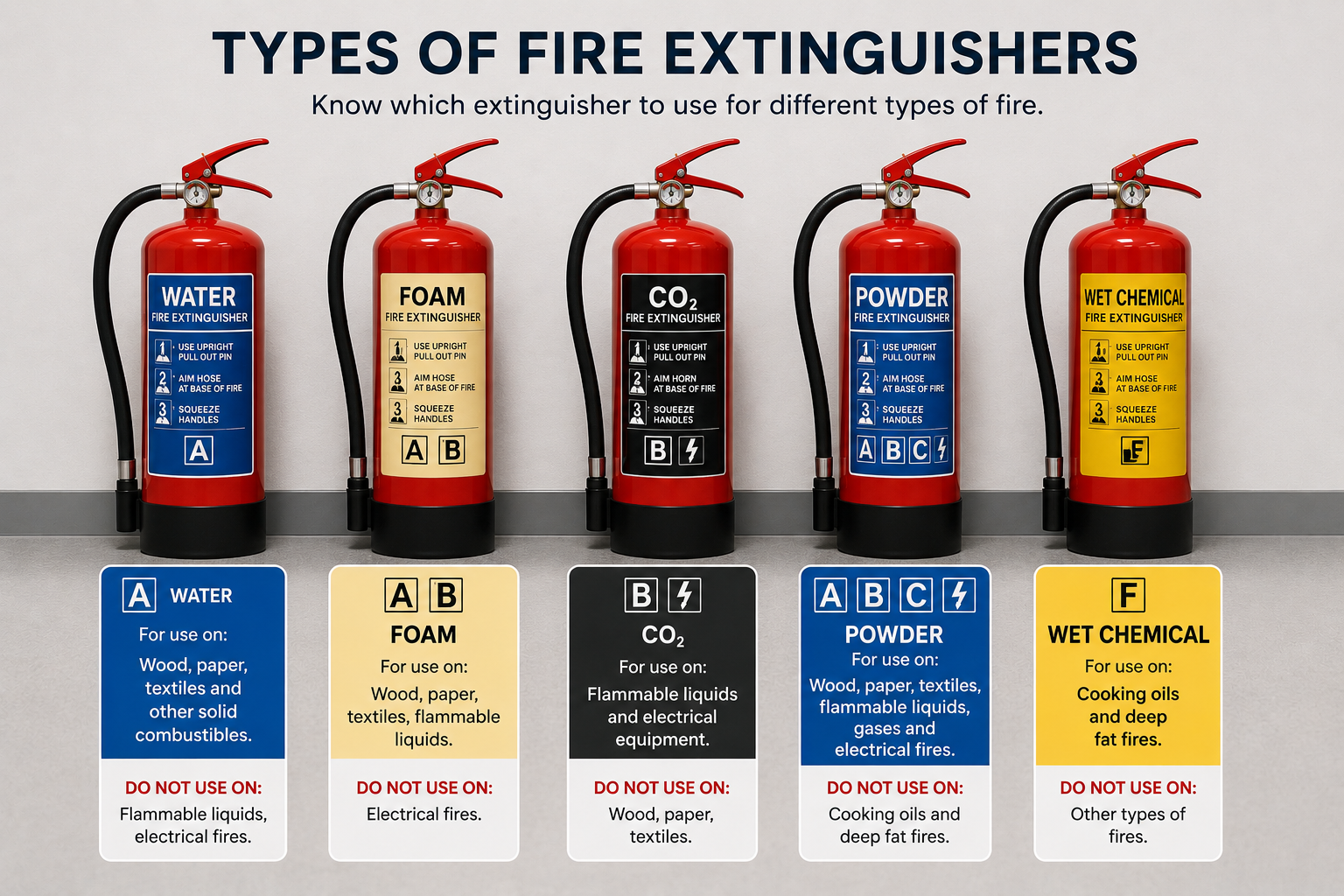 Infographic showing different types of fire extinguishers used in Ireland